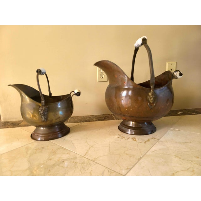 Antique Large Copper Coal Ash SCUTTLE BUCKETS w/Porcelain Handles Lion Heads (Pair) The large one is approx 18" long from...