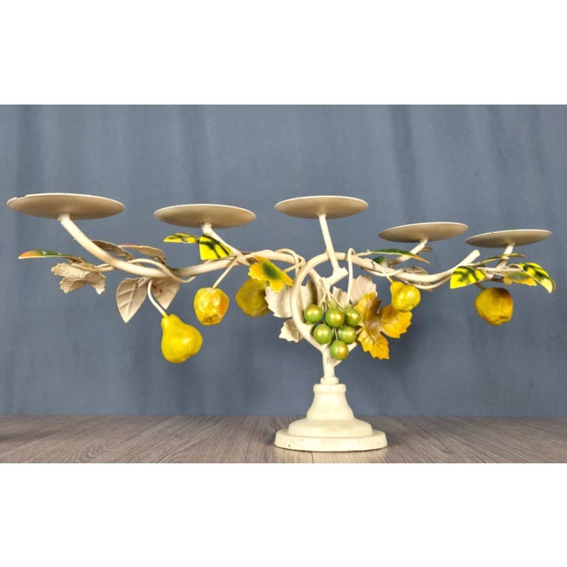 Late 20th Century Tole Hand Painted Metal & Iron Candle Holder, Pears Apples Grapes For Sale - Image 4 of 11