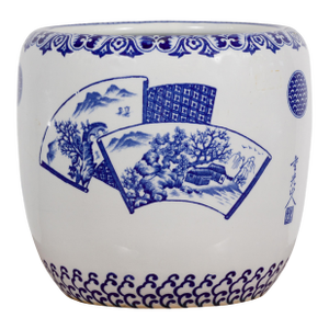 Mid 20th Century Blue & White Porcelain Planter With Hand Painted Landscape