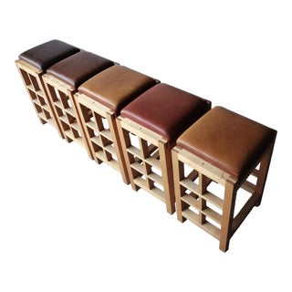 1980s Vintage Architectural Leather and Oak Stools - Set of 5 For Sale