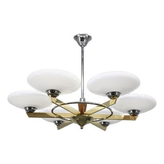 Art Deco Six-Light Chandelier in Brass and Opaline Glass, 1940s For Sale