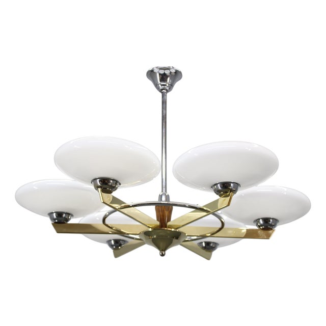 Art Deco Six-Light Chandelier in Brass and Opaline Glass, 1940s For Sale
