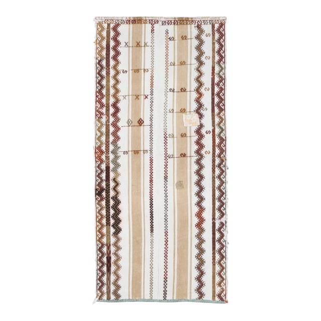 Vintage Turkish Oushak Handmade Wool Cotton White Kilim Runner Rug For Sale
