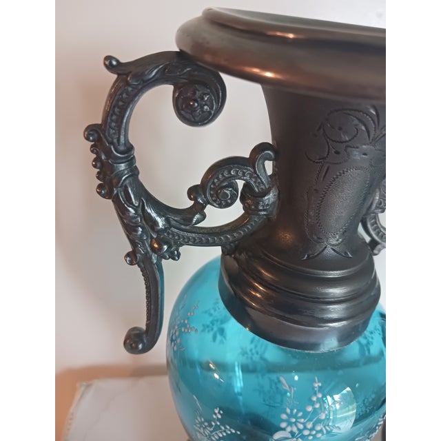 Art Nouveau Rare Pair Antique WMF Art Nouveau Blue Glass Vases Silverplate Metalwork c.1900 For Sale - Image 3 of 9