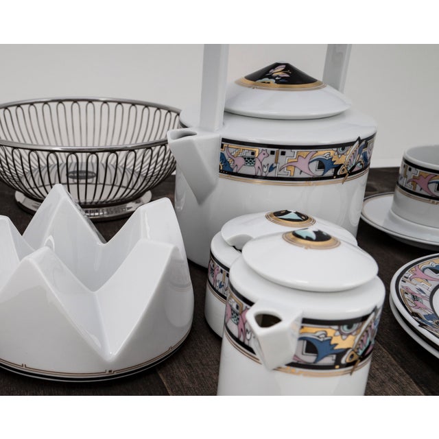 Art Deco Cantana Najade Tête-À-Tête for Two on Wooden Tray from Fürstenberg and Alessi, 1980s, Set of 14 For Sale - Image 14 of 18