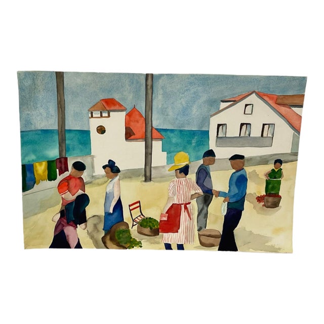 1970s Signed M. Hinea Coastal Village Market Original Watercolor Painting. For Sale