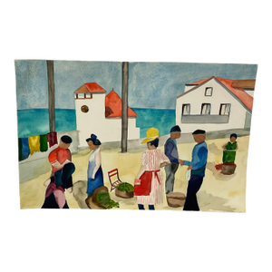 1970s Signed M. Hinea Coastal Village Market Original Watercolor Painting.