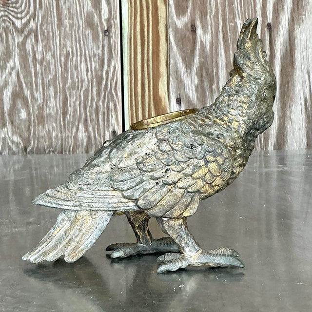 Vintage Boho Patinated Metal Parrot Candle Holder For Sale In West Palm - Image 6 of 7
