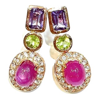 Bochic “Capri” Ruby, Amethyst, & Peridot Earrings Set in 18K Gold & Silver - 2 Pieces For Sale
