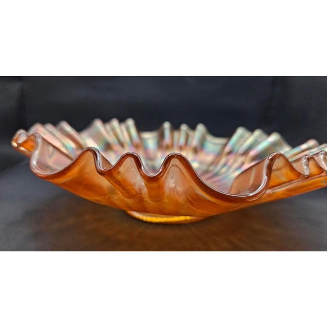 1910s Fenton Marigold 1910 Carnival Art Glass Stippled Rays 3-1 Ruffled Edge Serving Bowl Candy Dish For Sale - Image 5 of 9