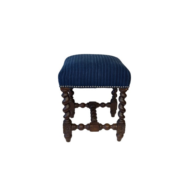 Antique Louis XIII French Baroque Stool W/Indigo Upholstery For Sale - Image 4 of 9