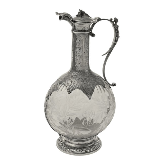Outstanding pair of French .950 silver-mounted etched glass claret jugs, each with hinged lids, bee finials, elegant...