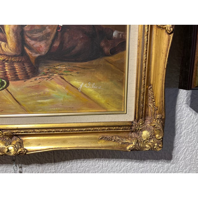 Textile G.Wilson Vintage Oil Painting on Canvas, Children Playing With Rabbit, Framed For Sale - Image 7 of 9