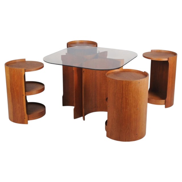 Mid-Century Modern Nesting Tables in Oak and Smoked Glass, Czech, 1960s, Set of 5 For Sale - Image 11 of 11