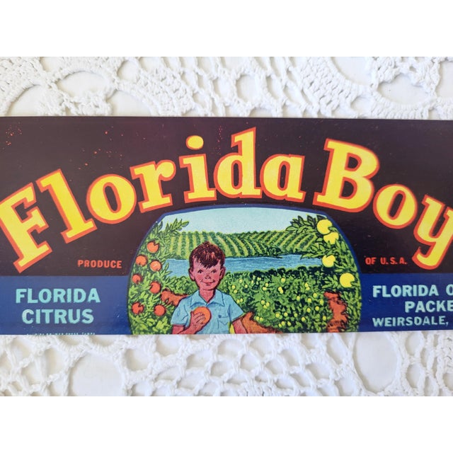 A Florida Boy label made for Florida Orange Packers of Weirsdale, Florida. This beauty measures approximately 3 ¼” x 8”...