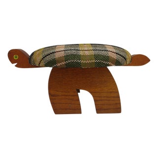 70s Mid Century Boho Green Eyed Carved Turtle Footstool For Sale