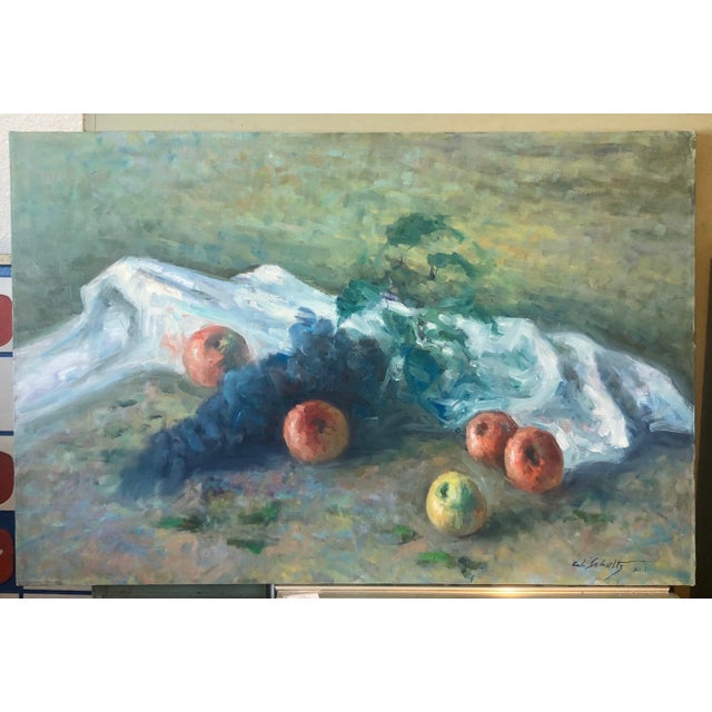 Textile William Schultz, American Impressionist Fruits Oil Painting Vivid Apples and Grapes For Sale - Image 7 of 8