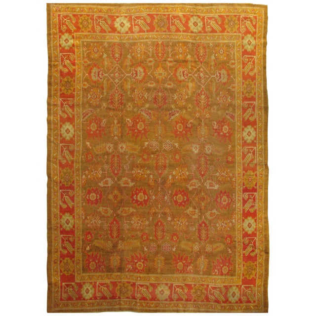 Antique Oushak Carpet, Oriental Rug, Handmade Green, Saffron, Ivory and Coral For Sale - Image 18 of 18
