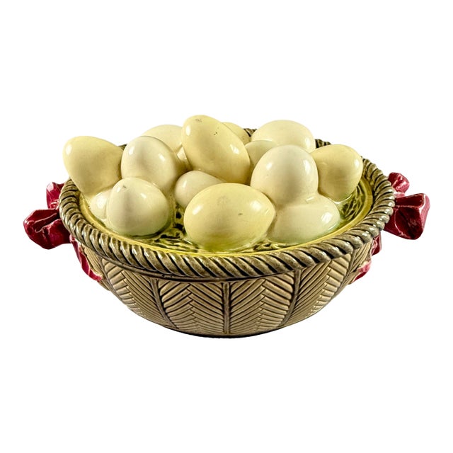French Majolica Choisy Le Roi Egg Basket & Bows Lidded Tureen For Sale