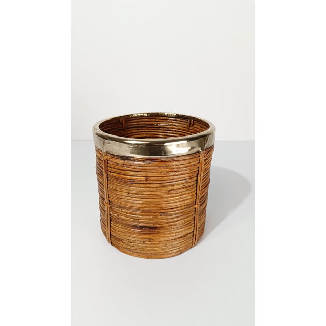 Italian Cachepot Basket in Hand-Woven Pencil Reed Rattan and Brass, 1960s For Sale - Image 18 of 18