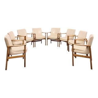 Mid-Century Conference Armchairs in Walnut and Vinyl Leather by Ib Kofod-Larsen, 1963, Set of 8 For Sale