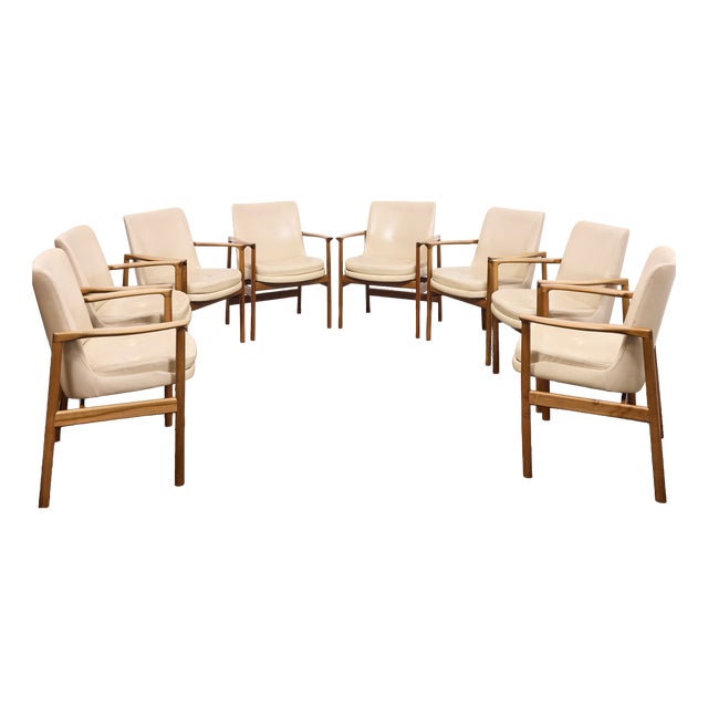 Mid-Century Conference Armchairs in Walnut and Vinyl Leather by Ib Kofod-Larsen, 1963, Set of 8 For Sale