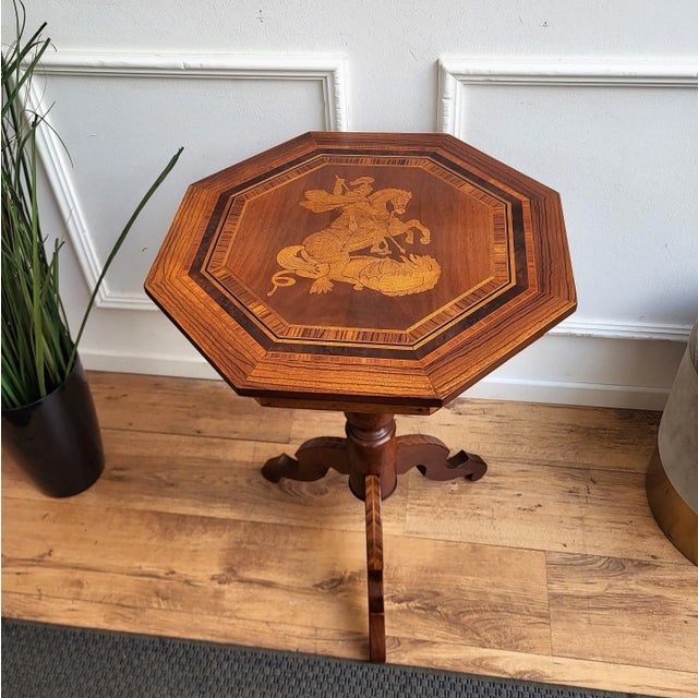 Neoclassical Italian Walnut Inlay Marquetry Octagonal Tripod Side Table, 1950s For Sale - Image 3 of 9