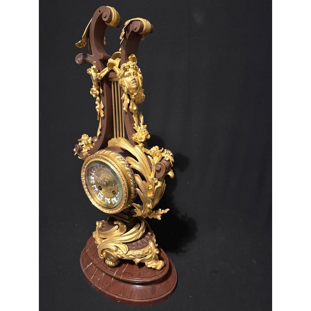 French 1840-1860 French Bronze Lyre Clock Louis XVI Style, Bronze/Marble For Sale - Image 3 of 18