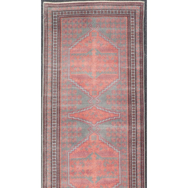Tribal Vintage Turkish Oushak Runner in Soft Gray, Coral, and Soft Terracotta 2'9 X 11'6 For Sale - Image 3 of 13