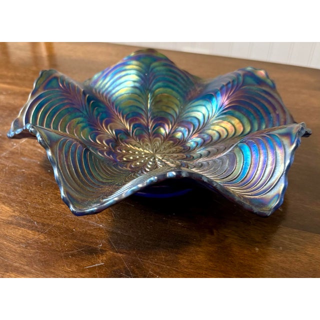 1910s 1910s Fenton Peacock Tail Blue Ruffled Dish For Sale - Image 5 of 12