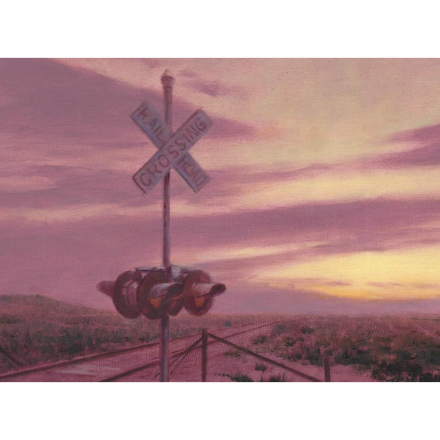 Contemporary Crossing by Mark Harrison | Oil on linen Landscape with a railroad crossing at sunset For Sale - Image 3 of 3