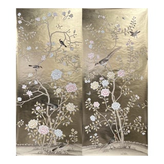 Gold Leaf Chinoiserie Hand-Painted Bird & Floral Wall Panels (Set of 2) For Sale