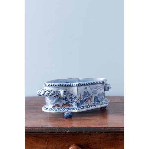 Chinoiserie Faience Jardiniere with Twisted Handles from Nevers, 19th Century For Sale - Image 4 of 11