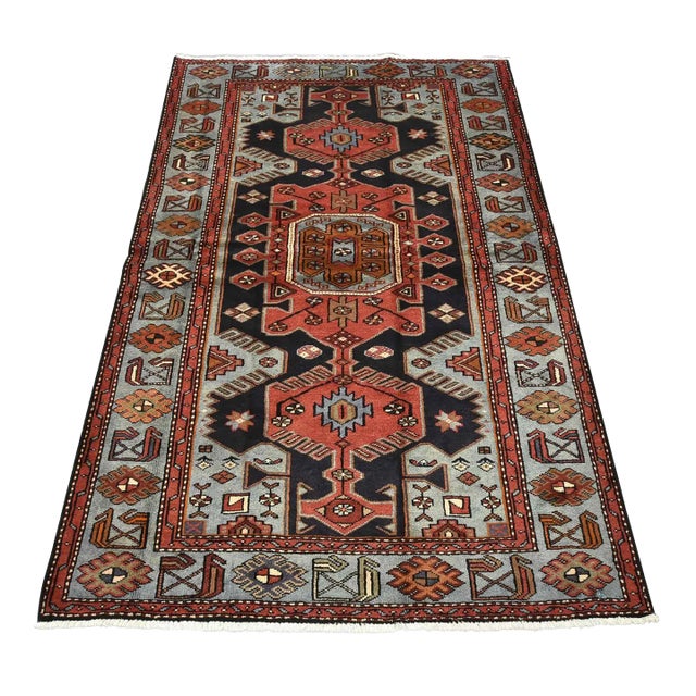 Zanjan Rug 4'5'' X 6'8'' Blue Wool Vintage Tribal Hand-Knotted Oriental Carpet For Sale