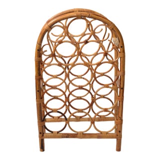 1970s Tiki Bar Arched Twelve Bottle Wine Rack Wine Storage Basket Cane Wicker Bamboo For Sale
