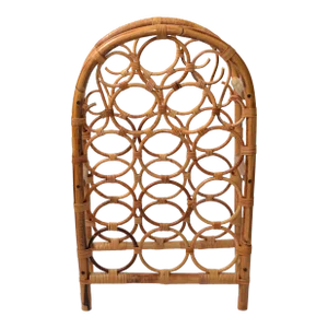 1970s Tiki Bar Arched Twelve Bottle Wine Rack Wine Storage Basket Cane Wicker Bamboo