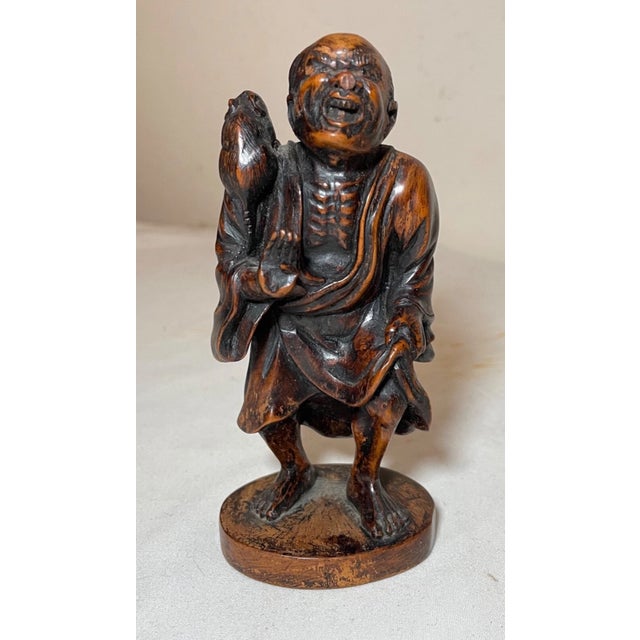 19th Century Rare Antique Japanese 1800's Hand Carved Boxwood Edo Sculpture Statue Netsuke 英仙 For Sale - Image 5 of 12