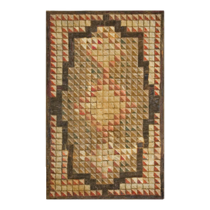 1920s Brown Diamond Folk Art Antique American Hooked Rug 4'2" X 6'10" Handknotted Wool Carpet