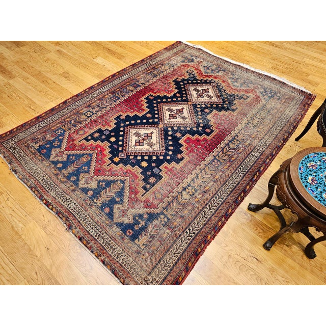 1900 - 1909 Vintage Persian Afshar Tribal Rug, Hand-Knotted Wool, Geometric Pattern, Navy & Red, 6x7 For Sale - Image 5 of 14