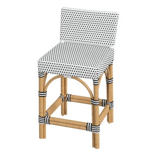 Serienna 24.5 in. Seat Height Rectangular Rattan Low Back Counter Stool, White/Black Dot/ Natural Rattan Frame For Sale