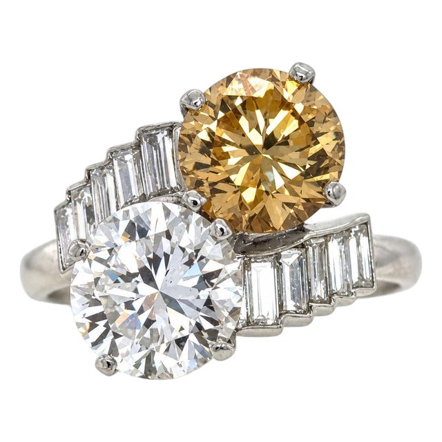 Vintage, 1950's Diamond and Natural Brown Diamond Toi Et Moi Ring, Platinum, Size 7.5 For Sale