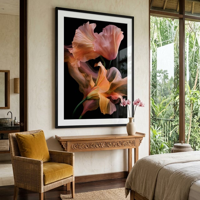 A dreamlike floral composition where translucent petals unfurl in graceful layers, blending coral, peach, amber, and mauve...