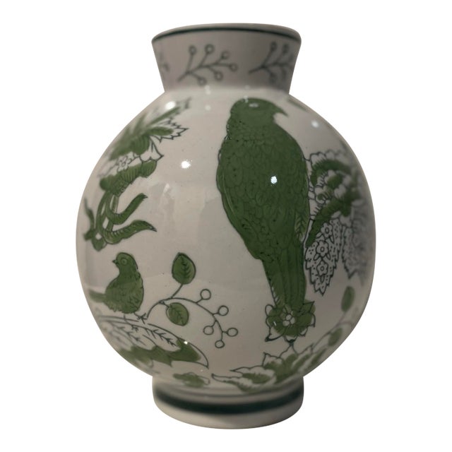 1960s Round Green & White Cloisonne Symbolic Nature Vase For Sale