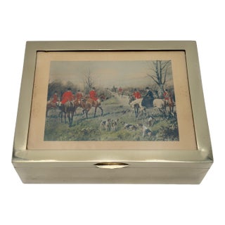 Vintage English Hunt Scene Silver Plate and Glass Humidor or Trinket Box For Sale