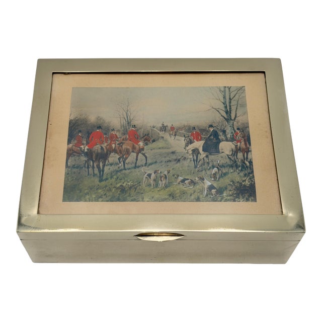 Vintage English Hunt Scene Silver Plate and Glass Humidor or Trinket Box For Sale