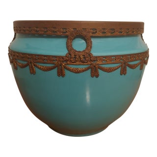 Early 20th Century Sevres Style Sky Blue Ceramic Jardiniere With Bronze Accents For Sale