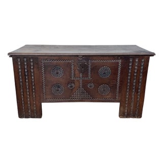 Antique Spanish Carved Wooden Chest with Geometric Motifs, 1850 For Sale