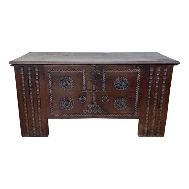 Antique Spanish Carved Wooden Chest with Geometric Motifs, 1850 For Sale
