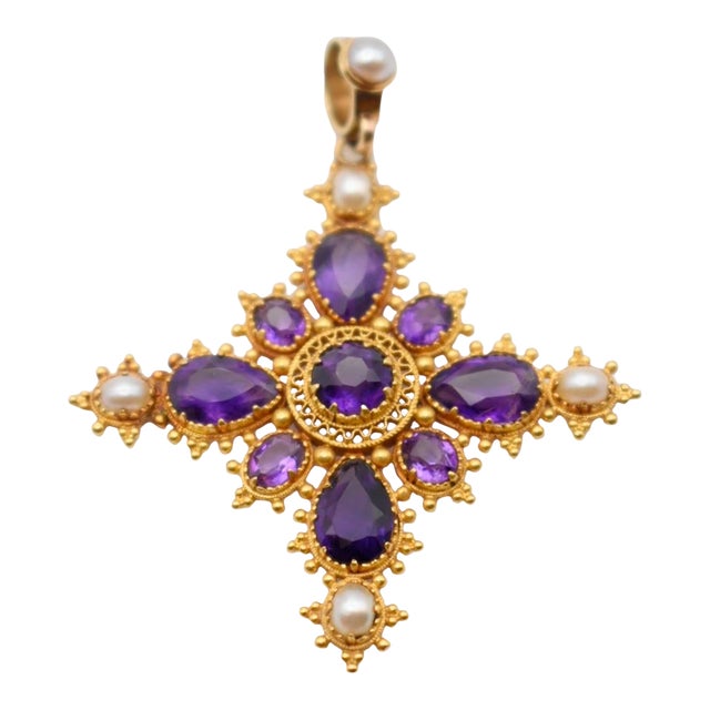 Mid 19th Century Amethyst and Pearl Cross Pendant For Sale