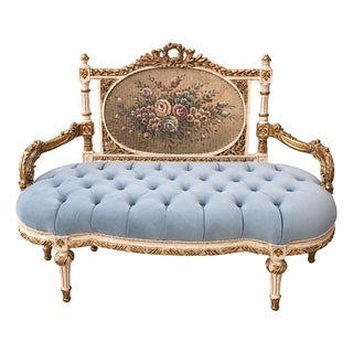 French Louis XVI Style Tufted Settee – Sky Blue Velvet With Gold Leaf Frame & Decorative Tapestry Panel For Sale